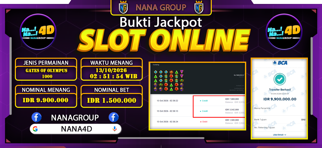 Bukti Kemenangan Besar Dibayar lunas Member NANA4D RP 9.900.000, 13 Oktober 2026