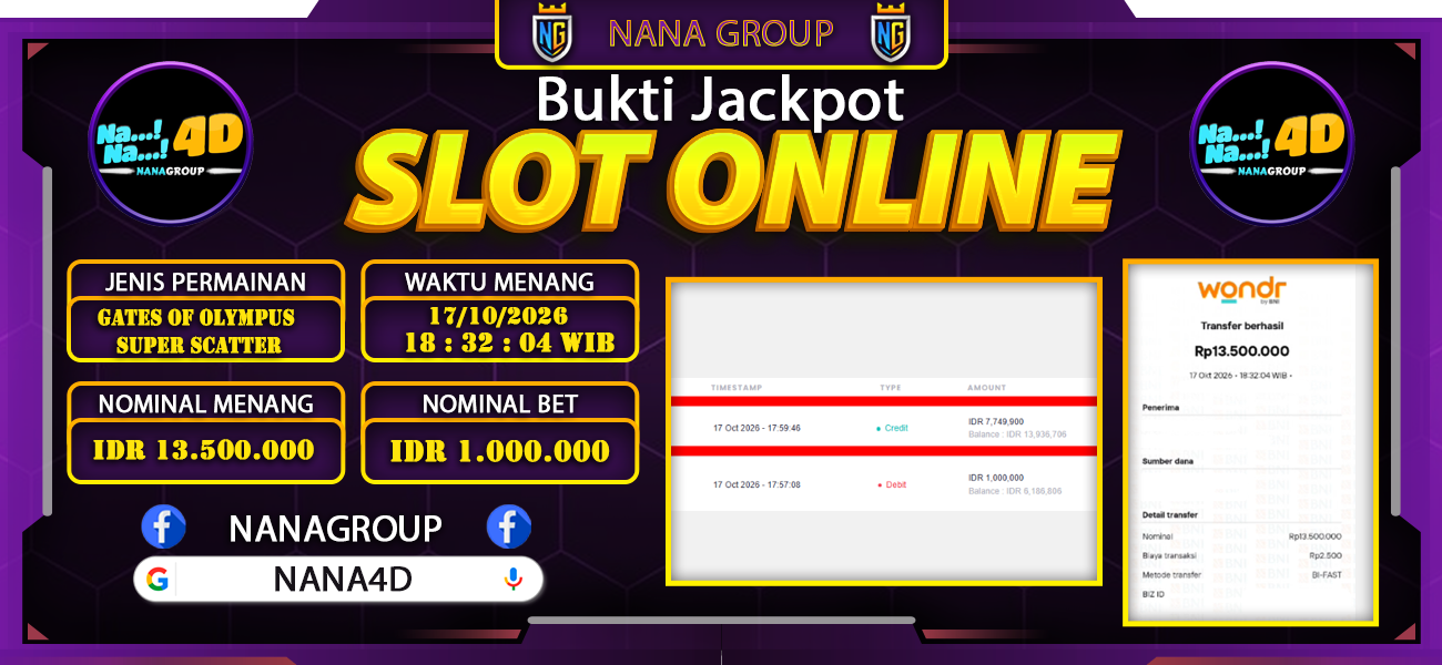 Bukti Kemenangan Besar Dibayar lunas Member NANA4D RP 13.500.000, 17 Oktober 2026