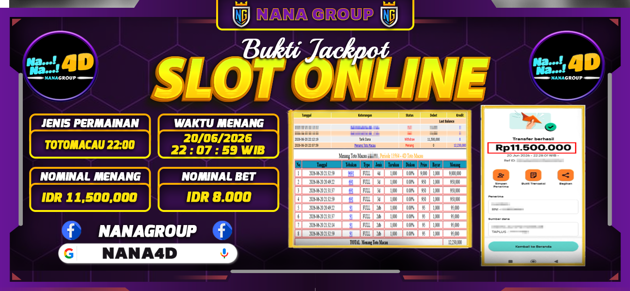 Bukti Kemenangan Besar Dibayar lunas Member NANA4D RP 11.500.000, 21 Juni 2026