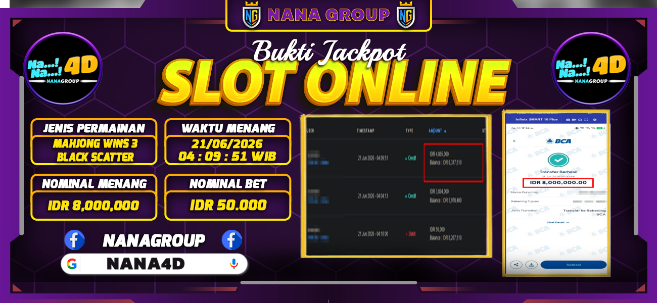 Bukti Kemenangan Besar Dibayar lunas Member NANA4D RP 8.000.000, 21 Juni 2026