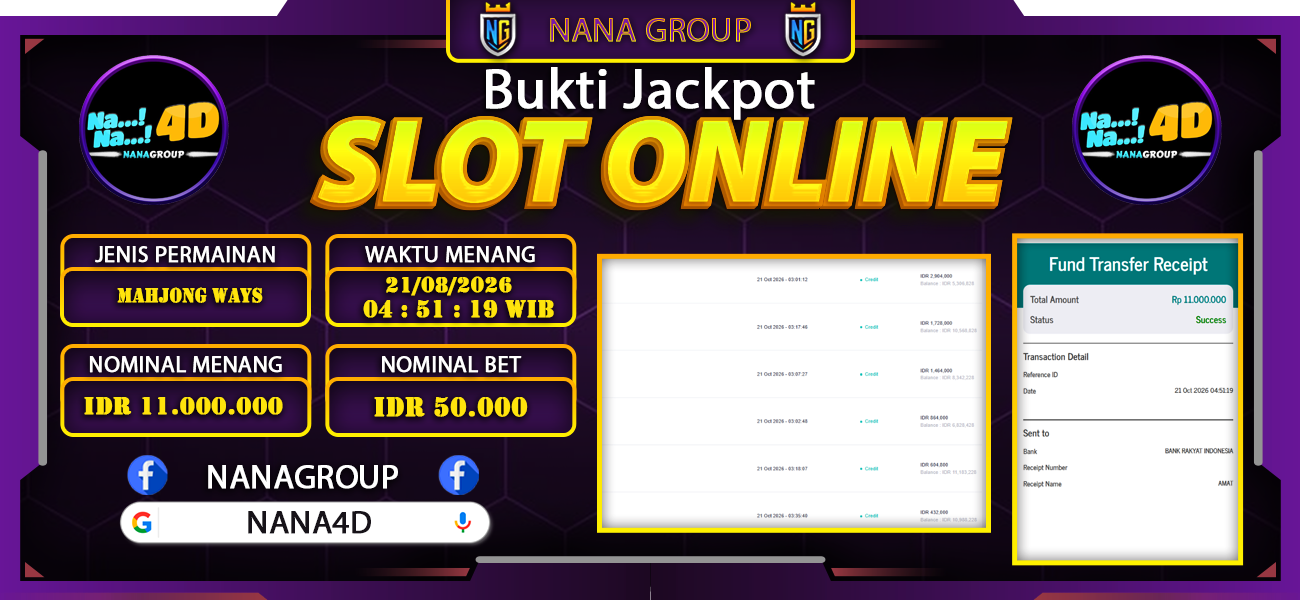Bukti Kemenangan Besar Dibayar lunas Member NANA4D RP 11.000.000, 21 Oktober 2026