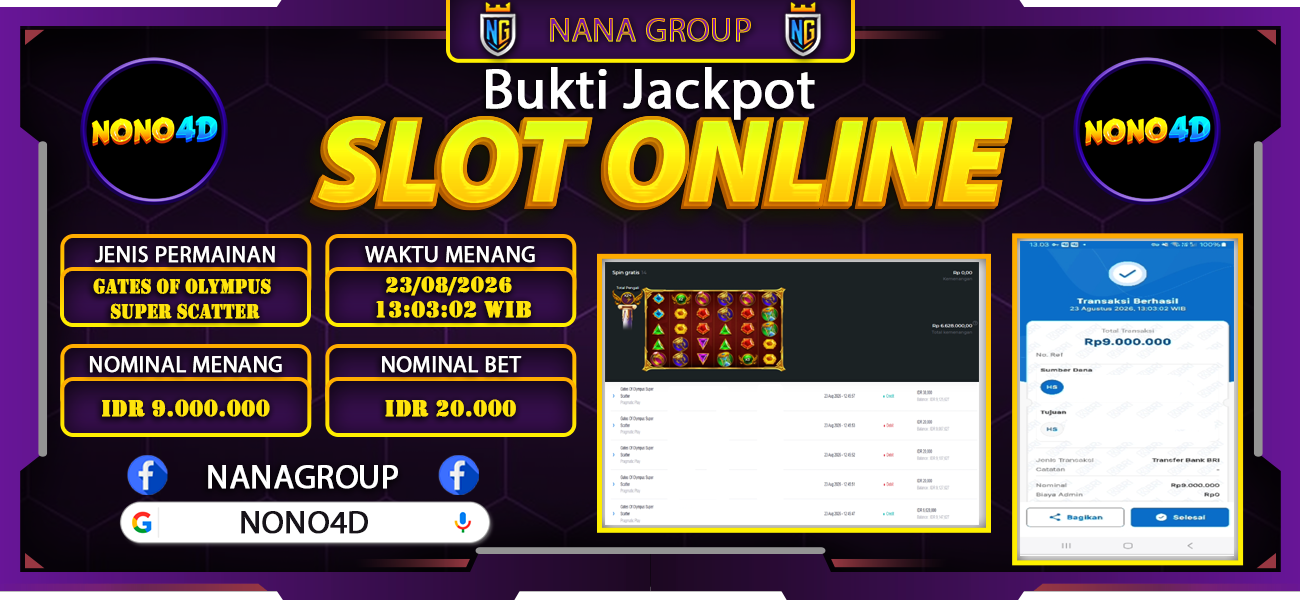 Bukti Kemenangan Besar Dibayar lunas Member NONO4D RP 9.000.000, 23 Agustus 2026