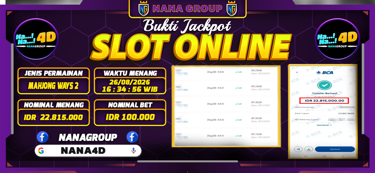 Bukti Kemenangan Besar Dibayar lunas Member NANA4D RP 22.815.000, 26 Agustus 2026