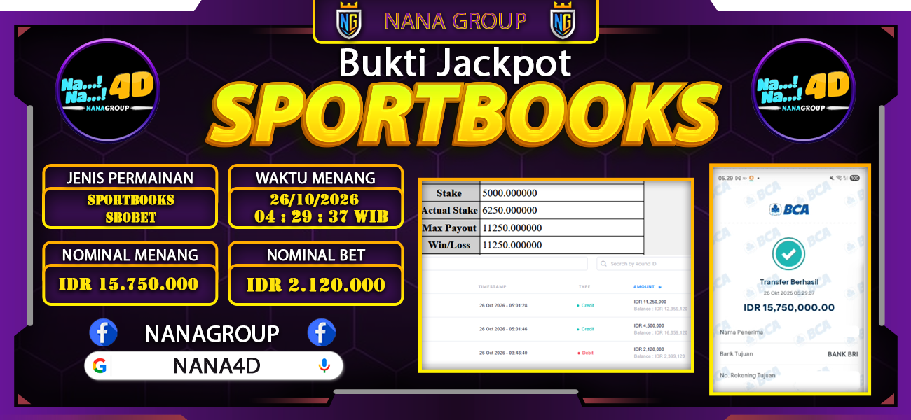 Bukti Kemenangan Besar Dibayar lunas Member NANA4D RP 15.750.000, 26 Oktober 2026