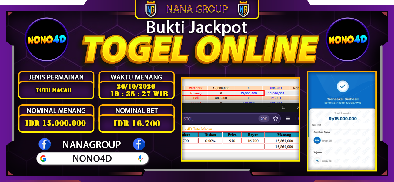 Bukti Kemenangan Besar Dibayar lunas Member NONO4D RP 15.000.000, 26 Oktober 2026