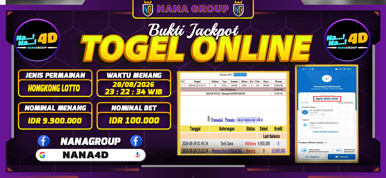Bukti Kemenangan Besar Dibayar lunas Member NANA4D RP 9.900.000, 29 Agustus 2026