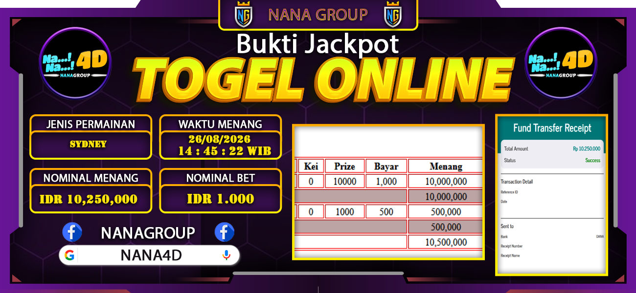 Bukti Kemenangan Besar Dibayar lunas Member NANA4D RP 10.250.000, 26 Agustus 2026